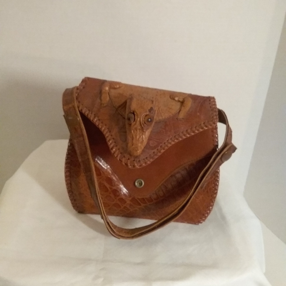Artisan Brown Leather Mini Crossbody Bag with Embossed Animal Detail